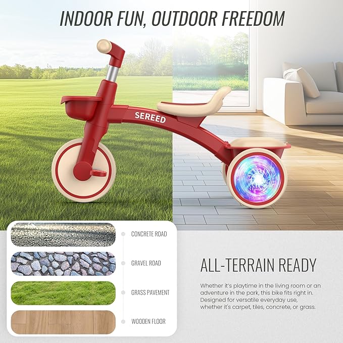 SEREED Colorful Lighting Toddler Tricycle for 2-5 Years Old Boys Girls, Adjustable Seat&Handlebar Trike, Removable Basket, Birthday Gift Idea for Kids Ages 2+ (Red)