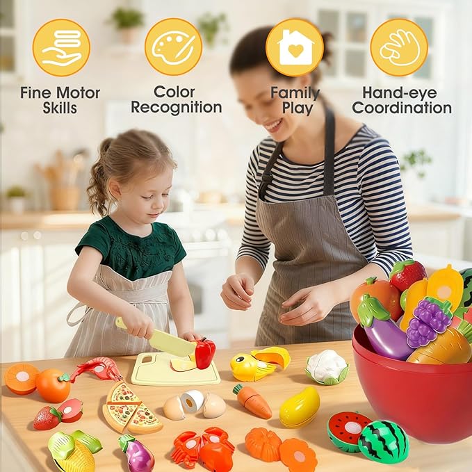Pretend Play Food Sets for Kids Kitchen, Cutting Toy Food with Apple Basket, Play Kitchen Accessories for Toddlers, Fake Food with Pizza Veggies Fruits, Toys for Boys Girls