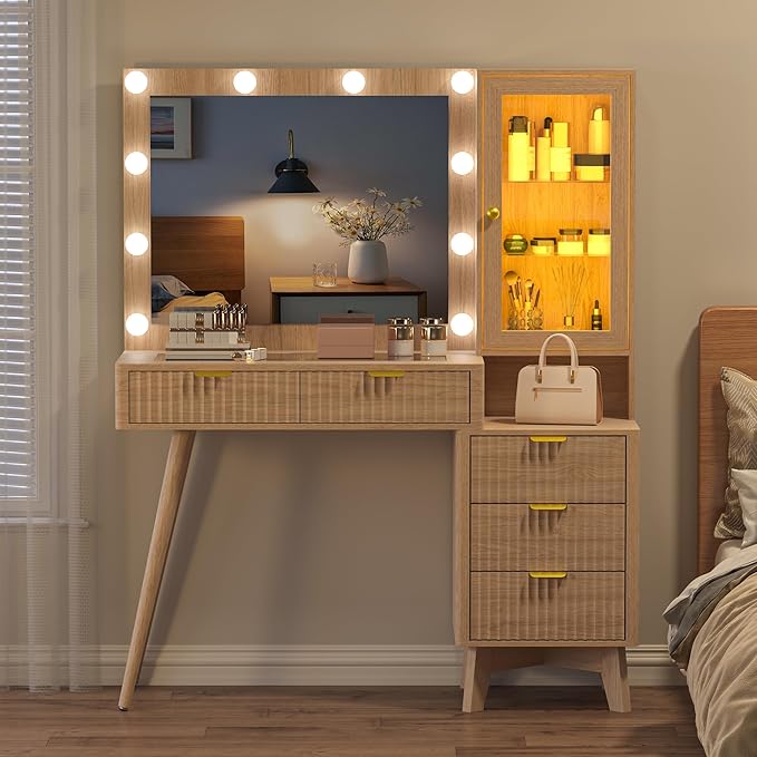 45” Fluted Makeup Vanity Desk with Mirror and Lights, Glass Top Dressing Table with 5 Drawers, LED Lighted Adjustable Cabinet, Trays & Charging Station for Bedroom Dressing Room