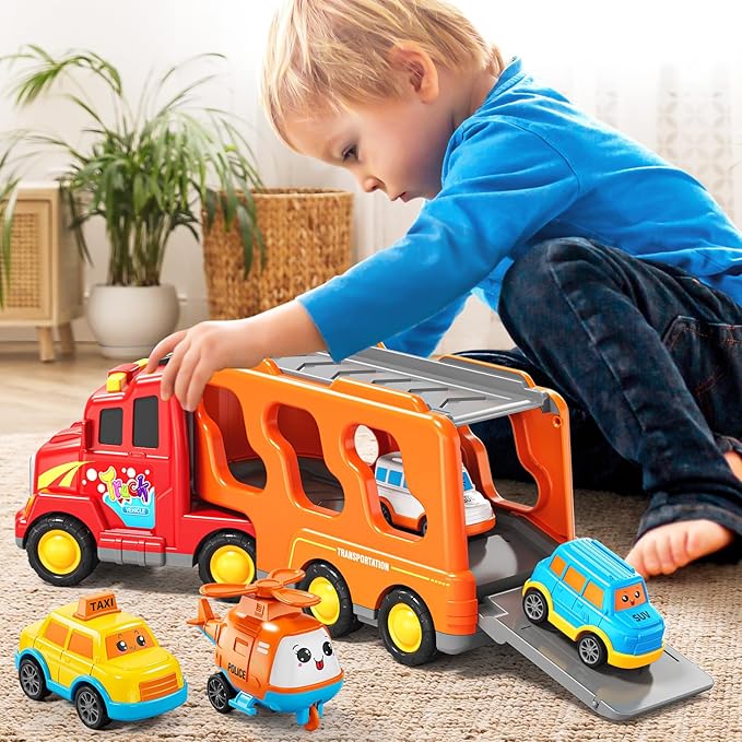 Trucks for Toddlers 3-4 Years, Toys for 3 4 5 6 7 Years Old Boy, 5 in 1 Carrier Transport Truck Vehicle Toy Set with Sound and Light, Christmas Birthday Gift for Kids 3 4 5 6 Years Old