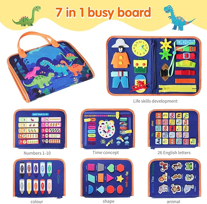 Toddler Montessori Busy Board - Dinosaur Learning Activity Toy, Boys Gift, Sensory Learning Toy for Toddlers, Educational Busy Book for Toddlers, Travel Toy (Blue)