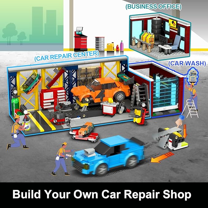 HOGOKIDS City Car Garage Building Set, 1022 PCS 3 in 1 Auto Repair Shop, Gas Station, Car Wash Building Block with 2 Custom Cars Pretend Play Mechanic Toy Birthday Gift for 10+ Kids Boys Teens Girls