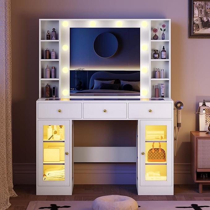 Makeup Vanity with Mirror and Lights, 43'' Wide Dressing Table with Storage Drawers, Open Shelves & Power Outlet, Vanity Desk with RGB Cabinet & Glass Top for Girls Bedroom, Living Room, White
