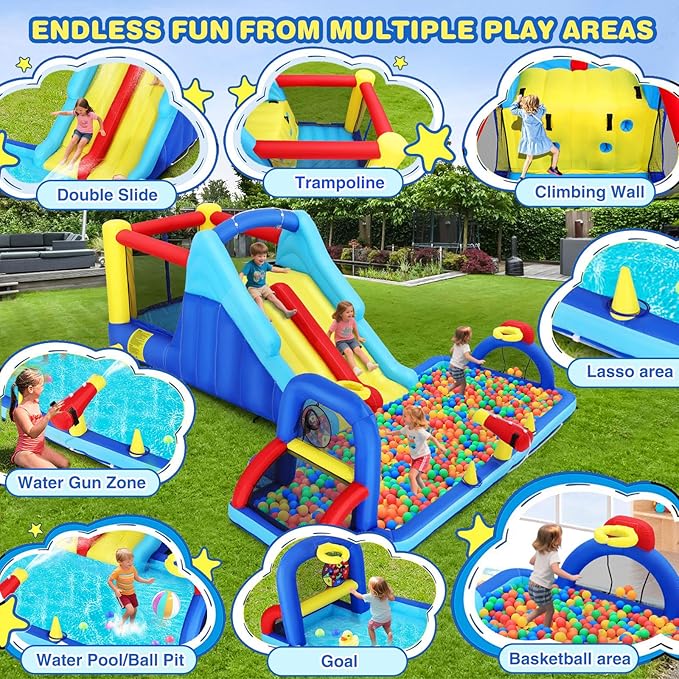 Inflatable Water Slide Bounce House, Double Slide Bouncer Castle Playhouse w/Splash Pool,Jump Area, Climbing Wall,Basketball Hoop, Water Balls, 550W Air Blower for Kids Backyard Indoor Outdoor Use