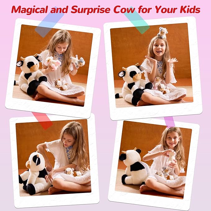 5 Pieces Cow Stuffed Animals for Boys Girls, 1 Mommy Cow with 4 Babies Soft Plush Toy Set Gifts for Kids Children 3 4 5 6 7 8 9 Years, Christmas, Birthday, Party Decorations