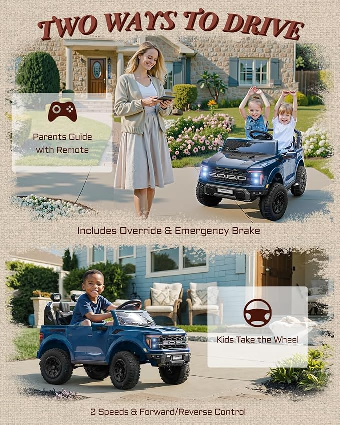 First Ride On Licensed Ford F-150 Raptor 2 Seater Ride on Car for Kids, 24 Volt Ride on Toys for Boys w/Remote Control, Kids Electric Car w/LED Lights, Bluetooth, Truck Bed Storage, Soft Start (Blue)