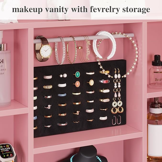 Vanity Desk with Mirror and Lights,Makeup Vanity Table with Lights & 5 Drawers,Makeup Desk with Charging Station & Cabinets Adjustable Width, Modern Dressing Table for Bedroom,Pink