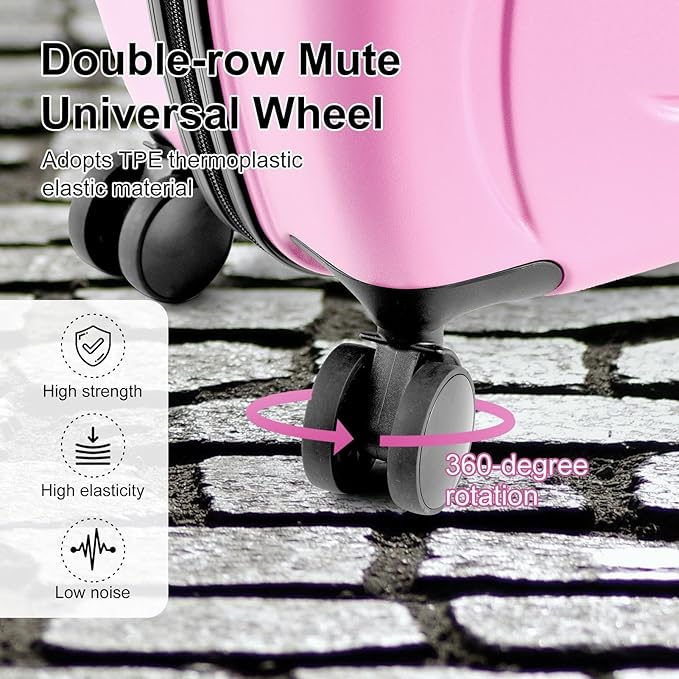 20 Inch Ride On Kids Suitcase with Wheels, Ride on Luggage with Pedal, Hardshell Kids Suitcase Adjustable Safe Harness, ABS+PC, Up To 100 Lbs, Pink