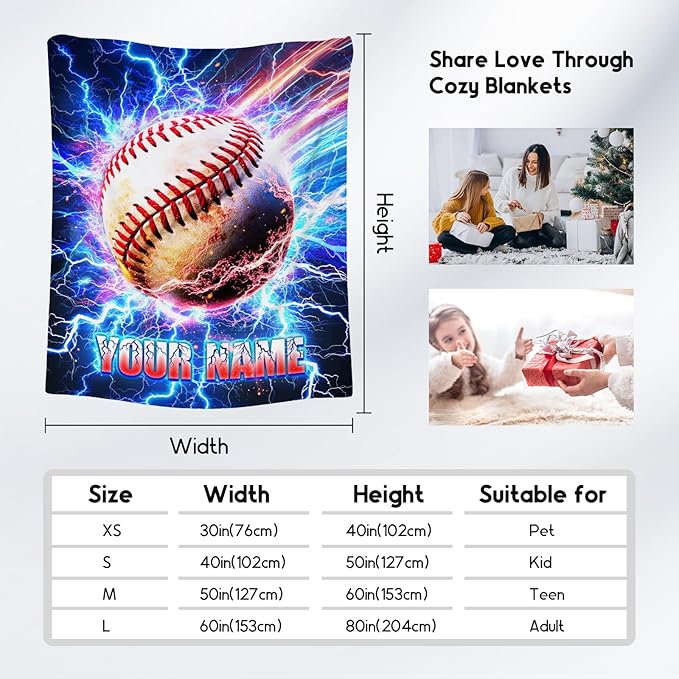 Baseball Blanket Gifts Personalized Kids Blanket for Boys - Custom Name Soft Cozy Throws for Men, Adults & Sport Lovers (4 Sizes Choose)