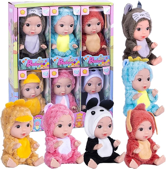 6 Pack 5 inch Baby Dolls-PVC Mini Figures with Cute Animal Outfits, Safe Toys for Kids, Collectible Display Stress Relief