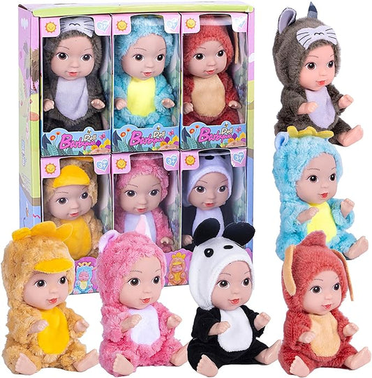 6 Pack 5 inch Baby Dolls-PVC Mini Figures with Cute Animal Outfits, Safe Toys for Kids, Collectible Display Stress Relief