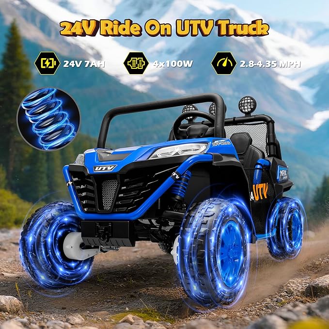 2 Seater 24V Ride On Toys for Big Kids, Electric UTV Car with Remote Control, 4-Wheeler Suspension, Side by Side Vehicle Max 110lbs, Soft Start, Bluetooth, Lights, Ride on Truck Kids 3 Years+, Blue