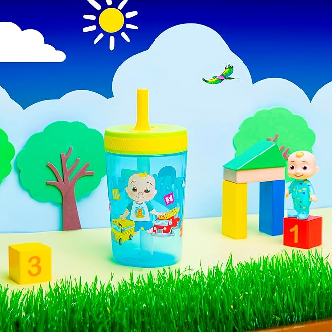 Zak Designs 15oz Cocomelon Kelso Tumbler Set, Leak-Proof Screw-On Lid with Straw Made of Durable Plastic and Silicone, Perfect Bundle for Kids