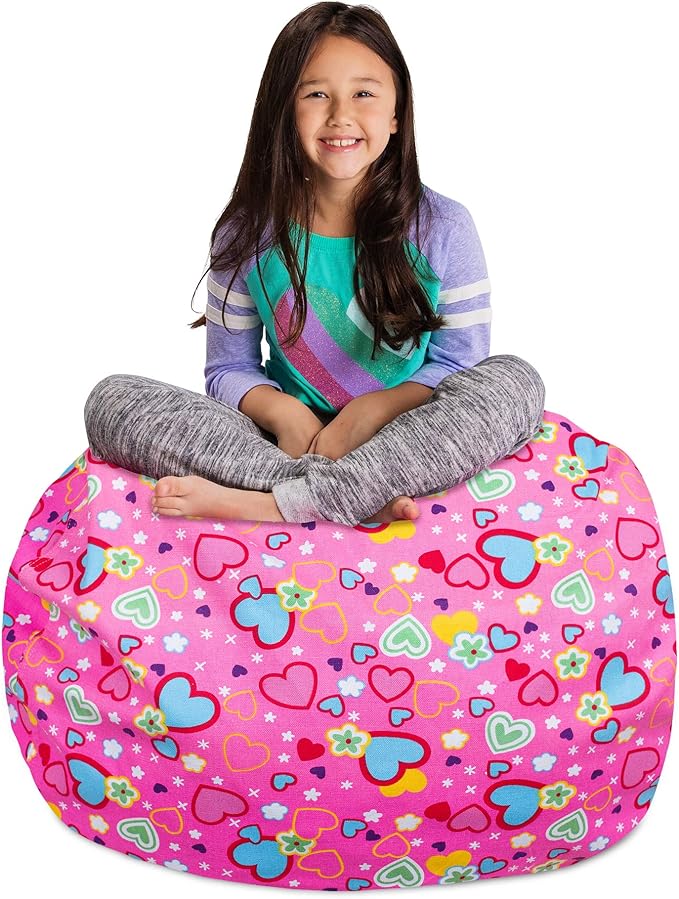 Posh Stuffable Kids Stuffed Animal Storage Bean Bag Chair Cover - Childrens Toy Organizer, Large-38 - Canvas Multi-Colored Hearts on Pink
