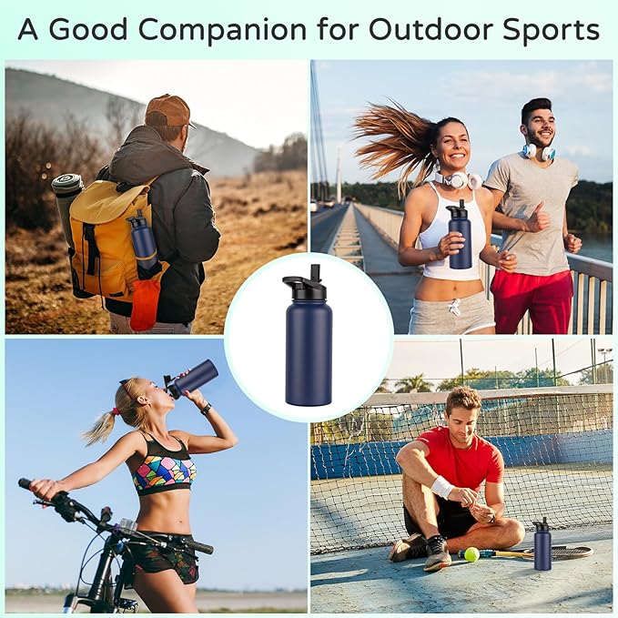 DOMICARE 32 oz Insulated Water Bottle Bulk, Vacuum Insulated Stainless Steel Sports Water Bottle with Straw Lid & Spout Lid, Leakproof, Reusable - Travel, Camping, Bike, Navy Blue (8 Pack)