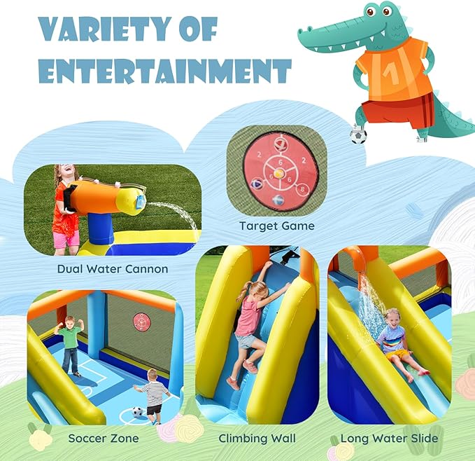 BOUNTECH Inflatable Water Slide, Kids Water Park Jump Castle Water Soccer with Dual Cannons, Splash Pool, Water Slides Inflatables for Kids Outdoor, Backyard Party Water Slide Bounce House with Blower