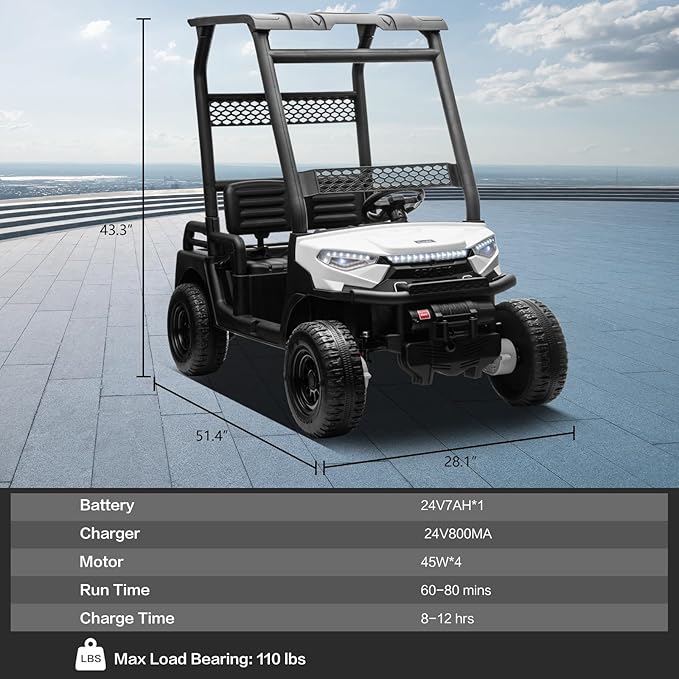 24V 2 Seater Kids Ride on Car, 4WD Golf Cart with Parent Remote Control, 4x4 Motors Ride on Truck with Roof, Toddler Electric Vehicle with Storage Box, Foot Pedal, Music Player, Lights, Horn, White