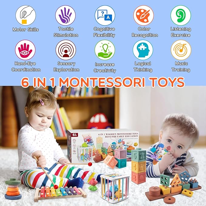 Montessori Baby Toy Sorting Stacking Learning Toys Wooden Building Blocks, Xylophone Musical, Infant Teethers Toys for Baby, 6 in 1 Toy Birthday Gifts for Toddlers