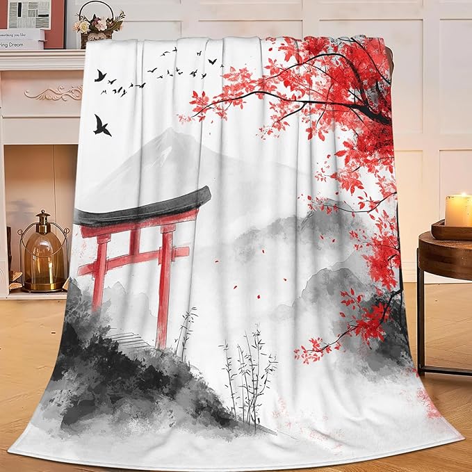 Japanese Samurai Blanket for Women Mens, Japanese Cherry Blossom Fleece Blanket Gifts for Boys Girls, Warm Cozy Soft Flannel Stuff for Bed Sofa Couch 60" x 50"