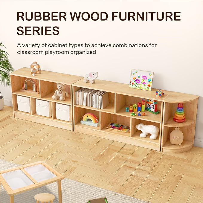 wingyz Montessori Bookshelf Rubber Soild Wood, 5-Section Wooden Storage Cabinet, 2 Shelf Bookcase Toy Storage Organizer, 35.4" L Montessori Shelf for Kids Rooms Classroom Nursery Daycare, Child-Safe