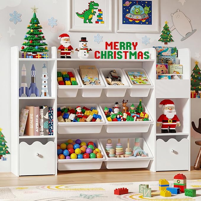 HOMMPA 55" W Kids Toy Storage Organizer with 2 Movable Drawer 4-Tier Bookshelf for Kids Children's Organizer Cabinet with 8 Toy Bins for Playrooms, Classroom and Nurseries,White