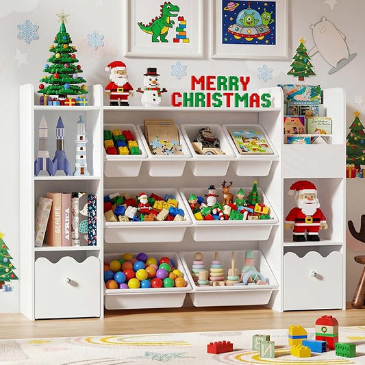 HOMMPA 55" W Kids Toy Storage Organizer with 2 Movable Drawer 4-Tier Bookshelf for Kids Children's Organizer Cabinet with 8 Toy Bins for Playrooms, Classroom and Nurseries,White
