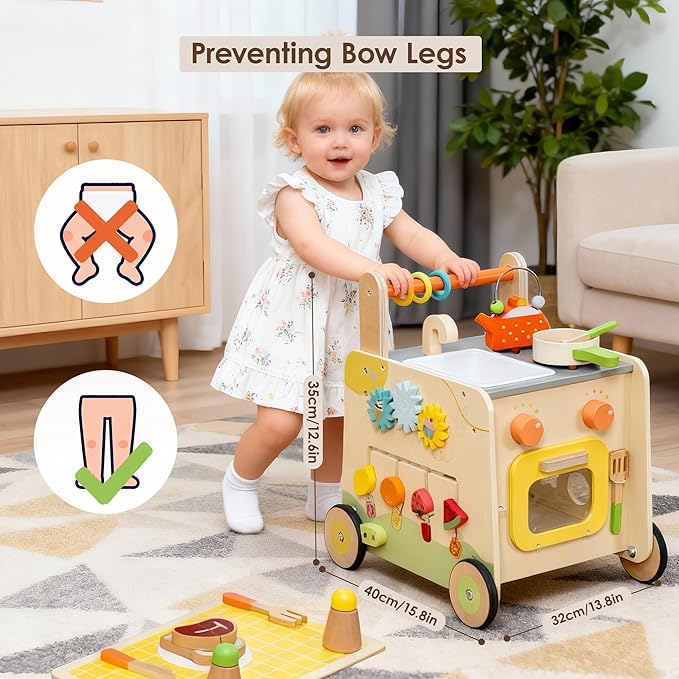 Wooden Baby Walker 3-in-1 Push Toy for Toddlers, Montessori Sensory Activity Center with Pretend Kitchen, Adjustable Speed Learning Walker, Safe Wooden Toy, Ideal Gift for Boys and Girls