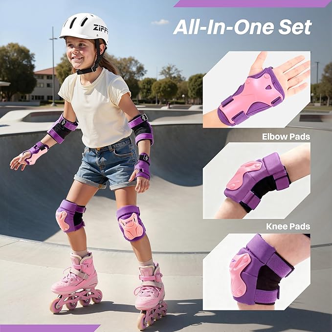ZIFFY Knee Pads for Kids, Adjustable Knee and Elbow Pads Set with Wrist Guard, Protective Gear for Boys Girls Skateboard Roller Skating Cycling Bike – 2 Sizes, 4 Colors by Jova