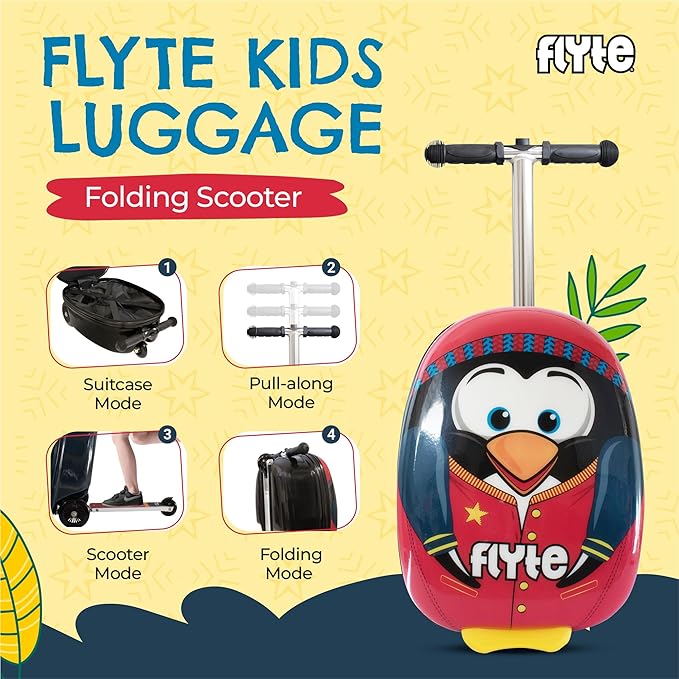 Flyte Perry The Penguin Scooter Suitcase - Rideable, Carry on Compliant 2-in-1 Children's Suitcases, 18 inch Ride on Suitcase for Kids, 25 Litre Capacity Kids' Luggage on Wheels for Children Aged 4+