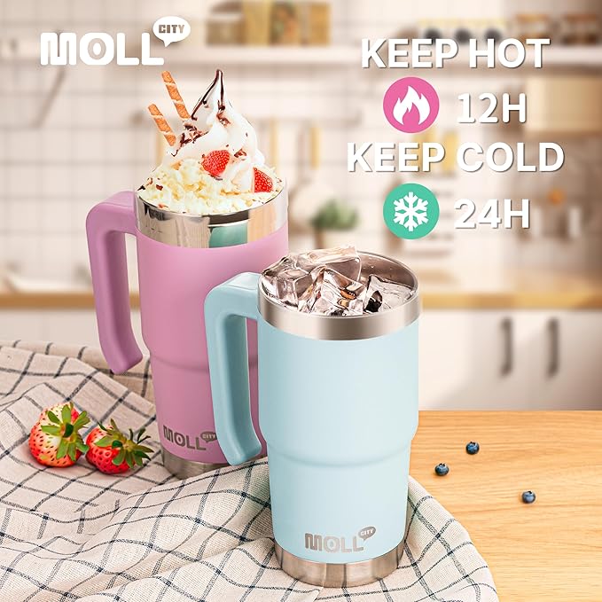 Travel Coffee Mug with Handle 16 oz Stainless Steel Double Wall Vacuum Insulated Tumbler Cup with Lid and Straw (Baby Blue)