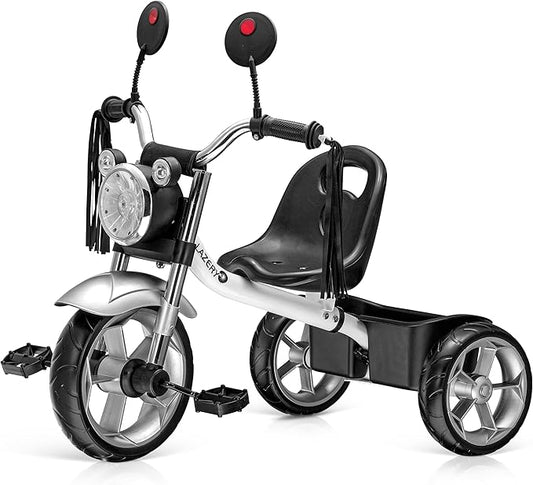 Toddler Kids Tricycle for 2-4 Year Olds - Motorcycle Style Trike W LED Headlight, Tassels & Rear Storage, Gift for Boys & Girls (White)