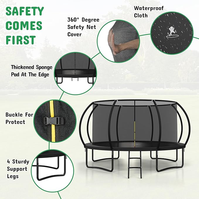 Polar Aurora 10FT 12FT 14FT 16FT Outdoor Trampoline with Safety Enclosure Net, Thickened Spring Pad，ASTM Approved Recreational Trampoline for Kids and Adults,Anti-Rust Coated Frame and Thickened Mat