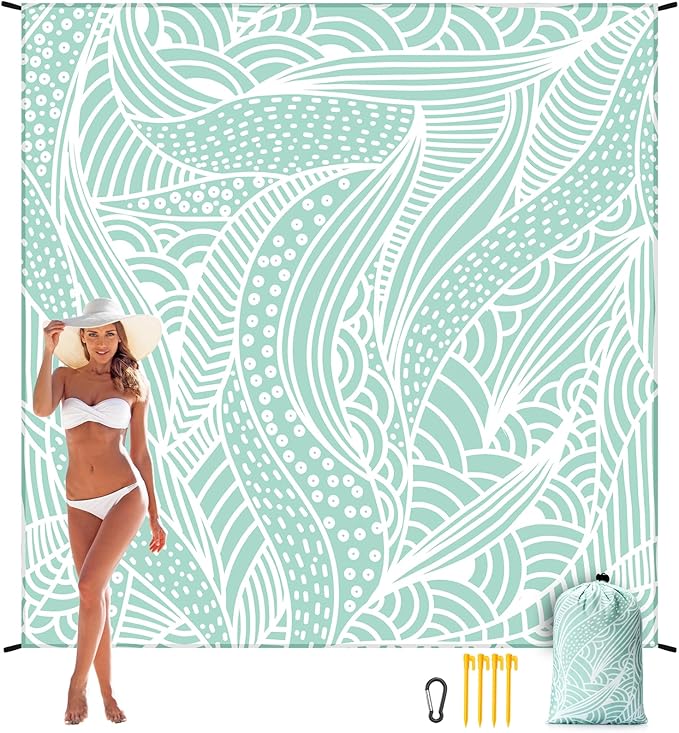 Beach Blanket Waterproof Sandproof Beach Mat 79" X 83"/10'x9'for 2-8 Adults Quick Drying Outdoor Picnic Mat Beach Accessories for Travel, Camping, Hiking