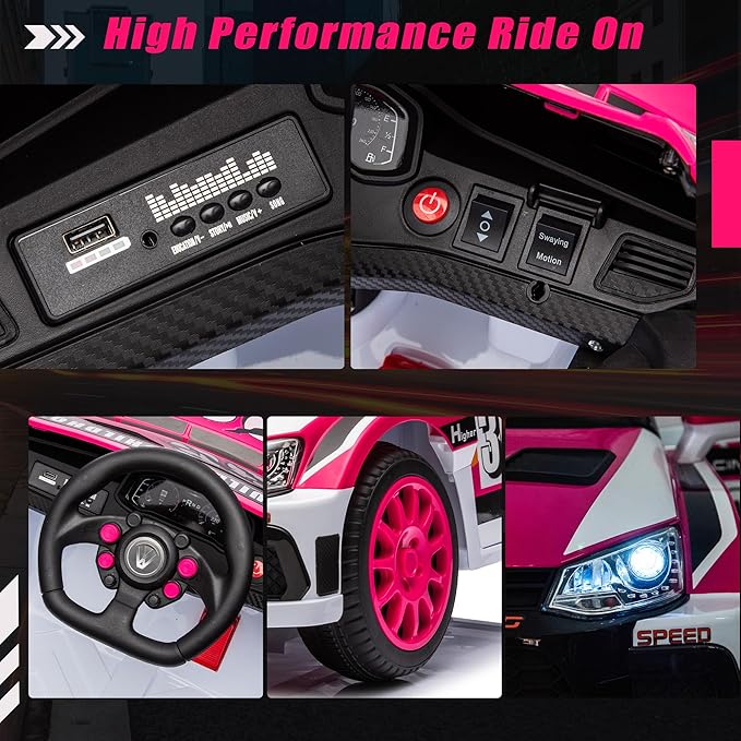 Kids Ride on Car with Parent Remote Control,12V Battery Powered Electric Vehicles for Kids Ages 3-8,Powerful Motor 3-Speed Sports Car Ride-on Toys w/Music,LED Lights,Suspension System (Pink)