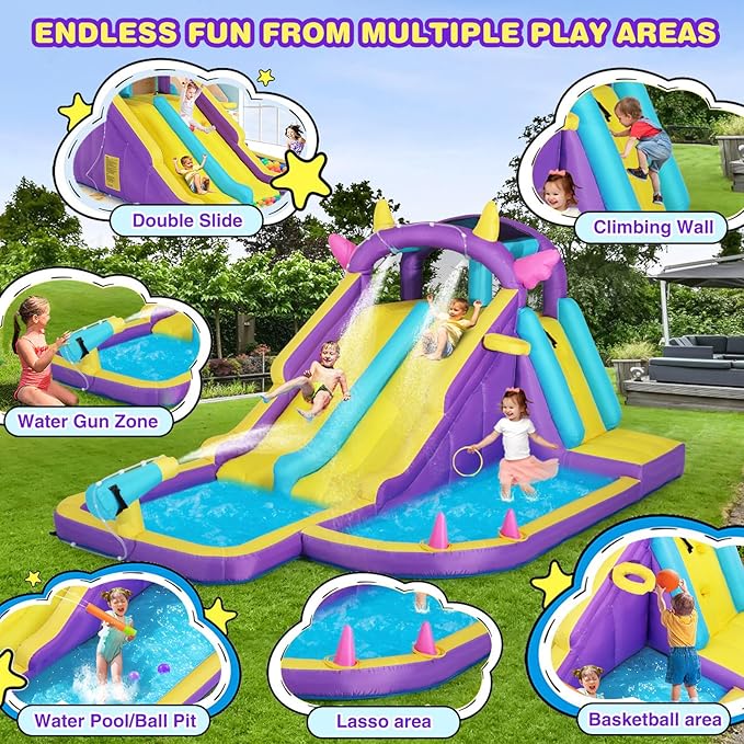 JOYLDIAS Inflatable Water Slide,Water Park Bounce House,Slide Bouncer Castle Playhouse w/Splash Pool, Climbing Wall, Ring Toss Game for Kids Outdoor Fun, 480W Air Blower