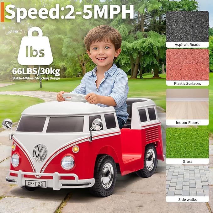 6V Electric Ride on Car, Licensed Volkswagen Ride on Bus for Kids with Led Light, Horn and Music, Battery Powered Ride on Toy for Kids - Gift for Toddler