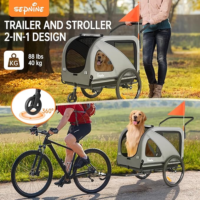 Sepnine Dog Bike Trailer, Supports up to 88 lbs, 2-in-1 Pet Stroller Cart Bicycle Carrier, Easy Folding Cart Frame with Quick Release Wheels, Universal Bicycle Coupler, Non-Slip Floor, Internal Leash