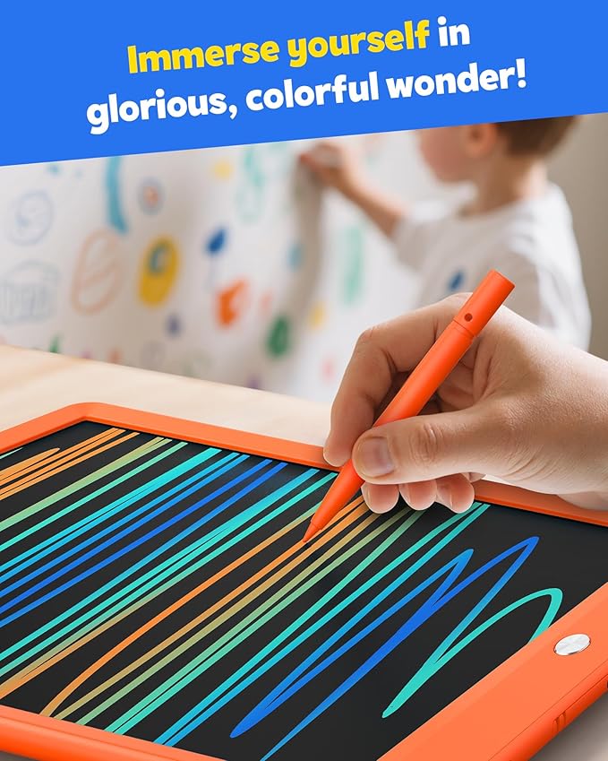 TEKFUN Toys for Girls Boys 10IN LCD Writing Tablet, Magic Doodle Board with Anti-Lost Stylus, Mess Free Coloring for Toddlers Drawing Pad, Toddler Travel Car Plane Trip Toys Gifts (Orange)