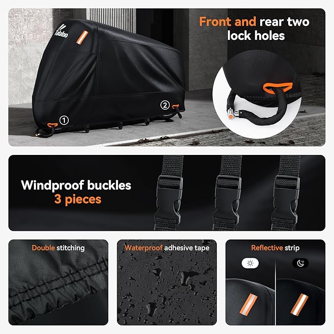 Motorcycle Cover Waterproof Outdoor, 300D Heavy Duty, UV & Rain Resistant, 3 Wind-Resistant Buckles, Dual Lock Holes, Includes Storage Bag, Fits Most Motorcycles/Scooters up to 86.6",Black
