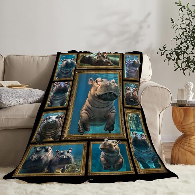 Hippo Throw Blanket - Ultra Soft Cozy Cute Fleece Fuzzy Plush Hippo Lovers Decor Gifts for Women Girls Adults - Couch Sofa 50"x40"