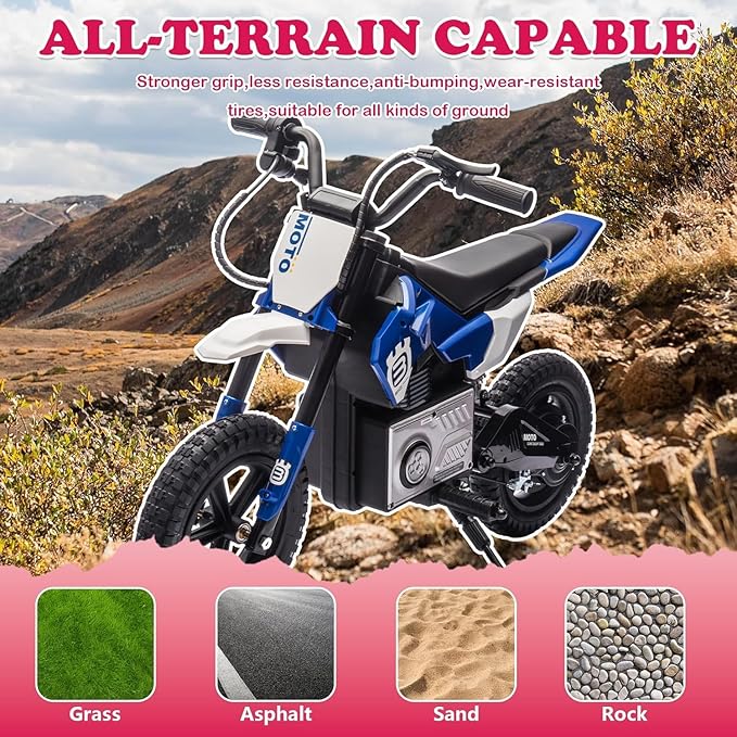 Electric Dirt Bike for Kids Ages 5-10, 24V 200W Higher Speed Electric Motorcycle, Kids Ride On Motorcycle with Rear Wheel Shock Absorber, LED Breathing Light, Bluetooth, Music, Horn, Blue