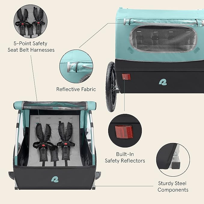 Single & Double Passenger Children’s Foldable/Collapsible Tow Behind Bike Trailer with 16" Wheels, Safety Reflectors & Rear Storage Compartment
