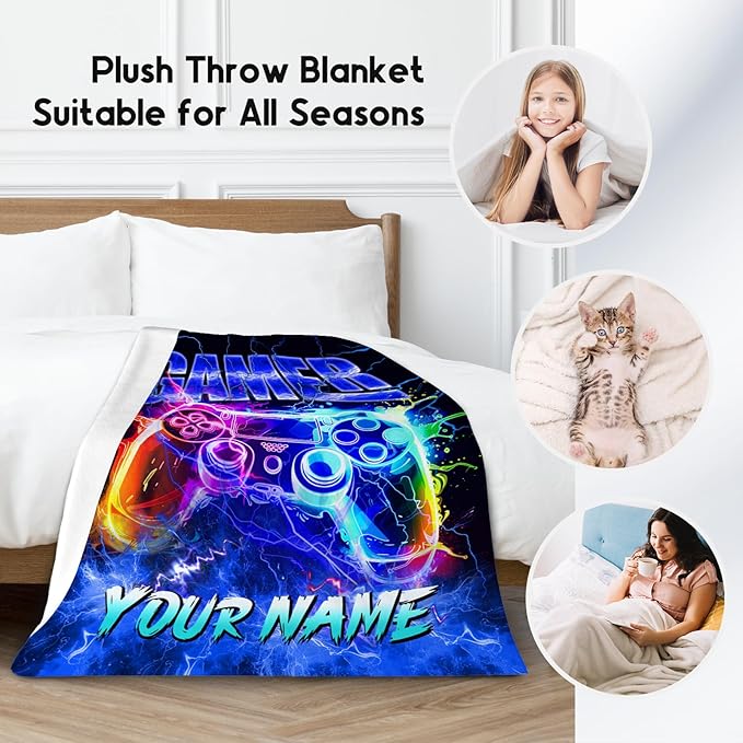 Blanket for Boys Gaming Blankets Personalized Gifts for Gamer Lovers, Soft Plush Cozy Throw for Son Grandson Kids Room Decor (4 Sizes)