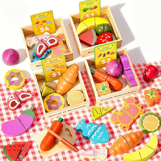 70 PCS Montessori Wooden Play Food Set for Kids Kitchen with Cutting Fruits, Veggies, Bread, Meat & Wooden Crates – Educational Pretend Toys for Boys & Girls 3-5, Perfect Kids