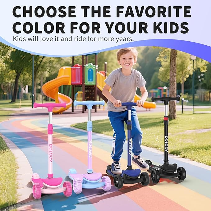 BELEEV A8 Scooter for Kids Ages 3-12, 3 Wheel Folding Scooter for Toddlers Girls Boys, LED Light-Up Wheels, 4 Adjustable Height, Lean to Steer, Extra Wide Wheels, Three Wheel Kick Scooter for Children