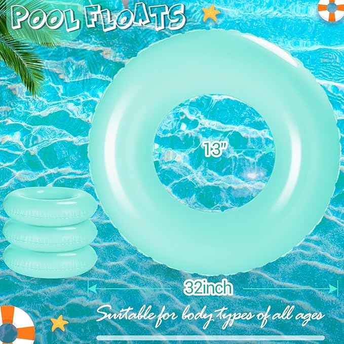 ShinyRelief 4 Pcs Inflatable Pool Floats 33 Inch Swim Rings for Adults Colorful Swim Inner Tube Swimming Ring Raft Float Toys for Beach Swimming Pool Party Supplies(Turquoise)