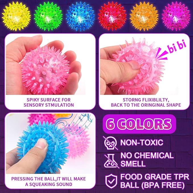 Sensory Light Up Bouncy Balls - Sensory Toys for Kids with Autism Toys for 3-4 5-7 8-12 Gifts for Boys Girls Spiky Stress Balls Novelty Noisemaker Toys Stocking Stuffers for Grandkids