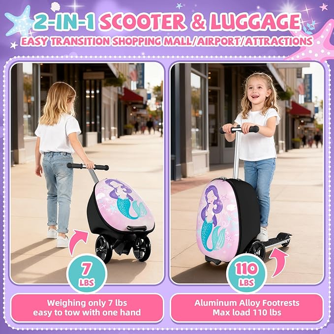 Scooter Suitcase for Kids, 2 in 1 Ride-on Luggage with Flash PU Wheels, Adjustable Handle & TPR Non-Slip Grip, Foldable & Lightweight, Ages 5-12
