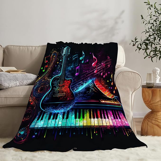Colorful Guitar Blanket Ultra Soft Cozy Music Note Piano Throw Blanket Fleece Fuzzy Plush Bedding Rock Musical Instrument Gifts for Women Girls Kids Adults 50"x40"