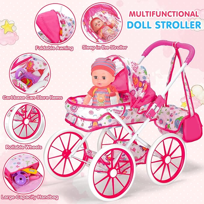 Baby Doll Stroller Toys Set, 12″ Doll with Accessories, 28Pcs Baby Dolls and Stroller Set with Care Bag, Clothes, Baby Bottle, Realistic Pretend Play Toy for Girls 3-5, 4-6, 7 Years Old Toddler Gift